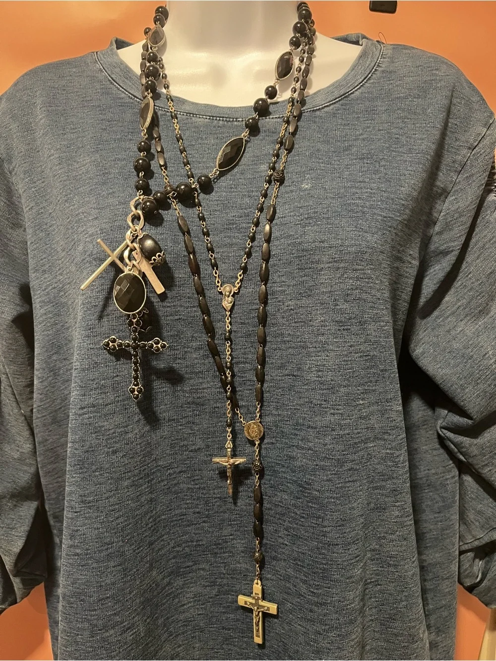 Stack of Black Bead Cross Necklaces - Women's Faith Jewelry